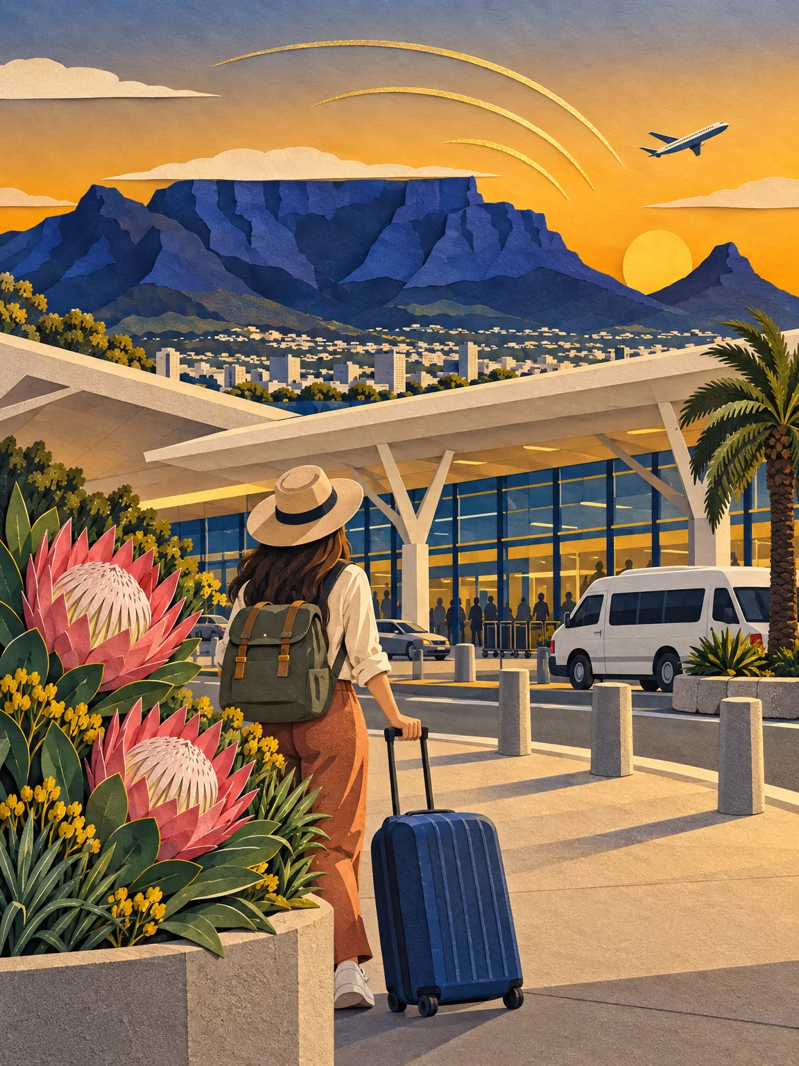Paper-cut collage of the Cape Town airport forecourt with Table Mountain behind, a traveller with a suitcase and a phone.