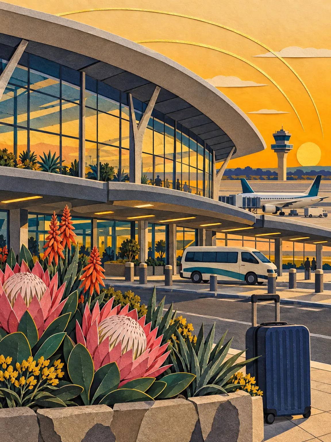 Paper-cut collage of an airport arrivals terminal: a wide roof, shuttle vans, a traveller with a suitcase and protea flowers.