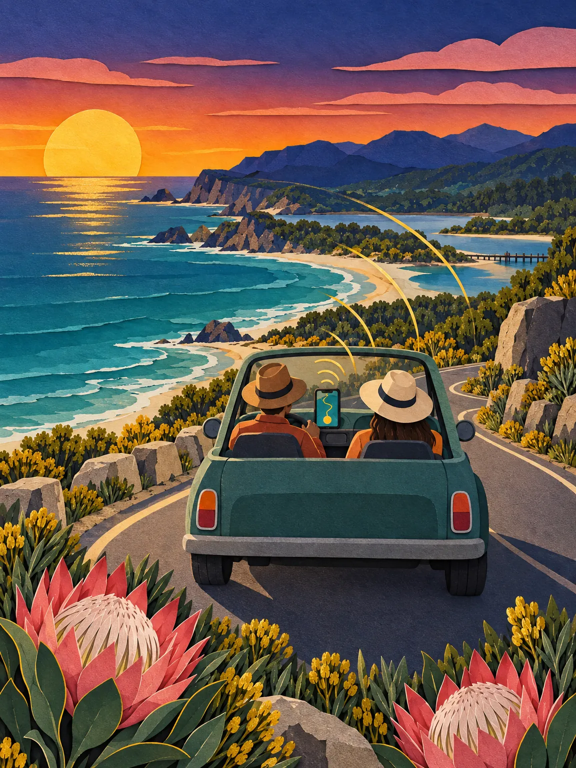Paper-cut collage: two travellers drive a small car along a coastal road at sunset, protea flowers in the foreground.