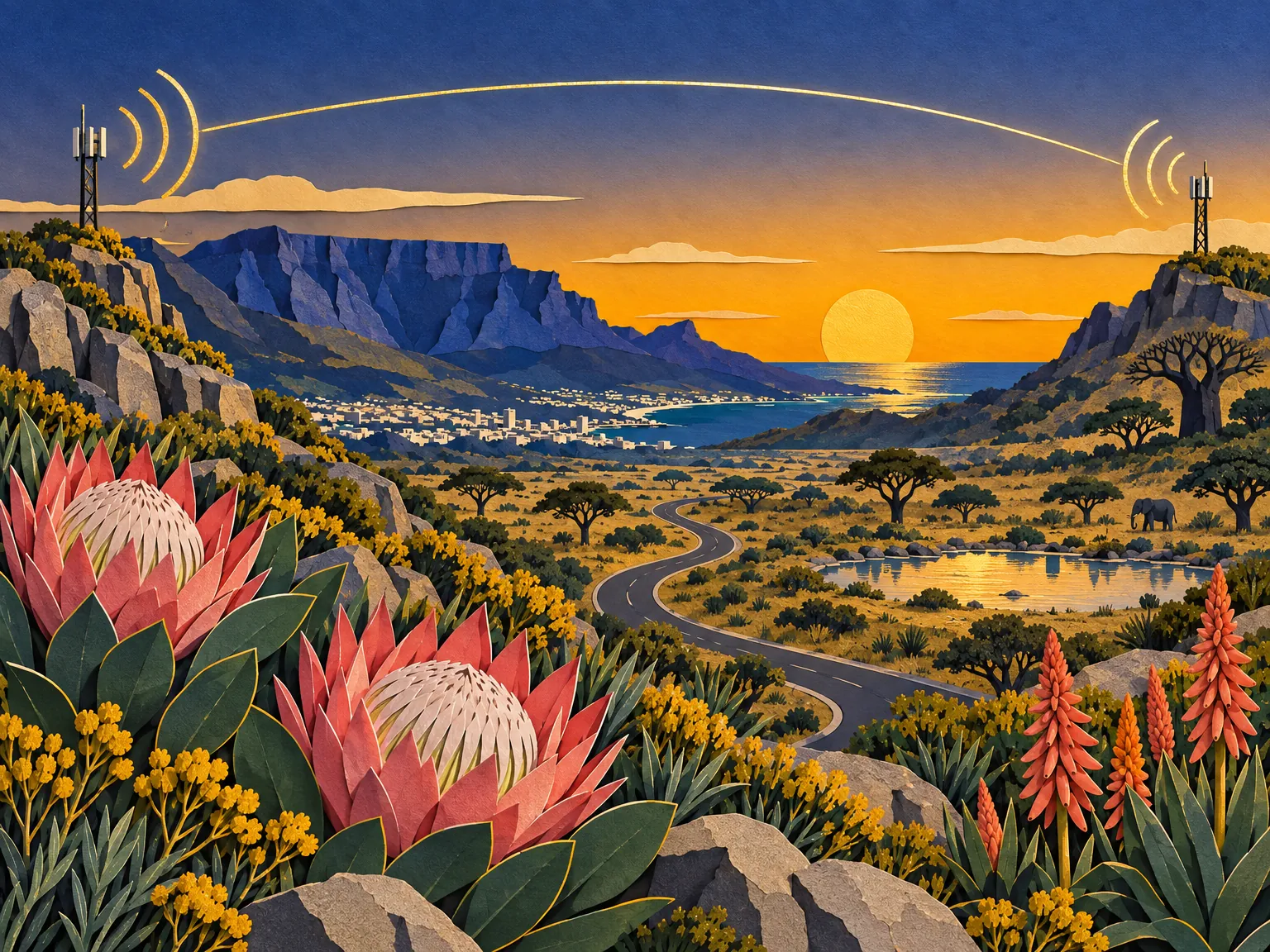 Paper-cut collage landscape: two signal towers, one above Cape Town with Table Mountain behind and one in the bushveld beside a baobab and an elephant, joined by a glowing arc over protea flowers.