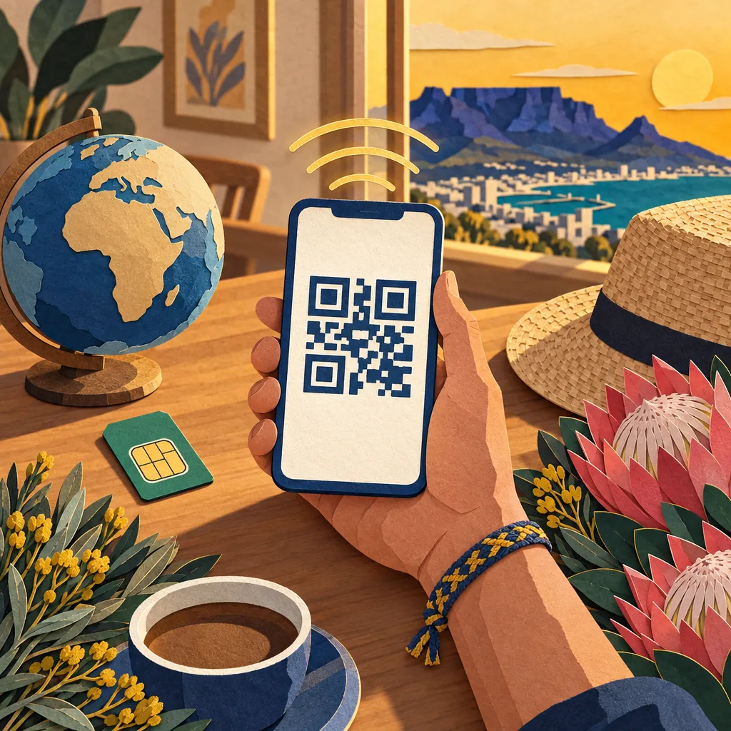 Illustration: a hand holds a phone showing a QR code beside a small globe and a lotus flower.